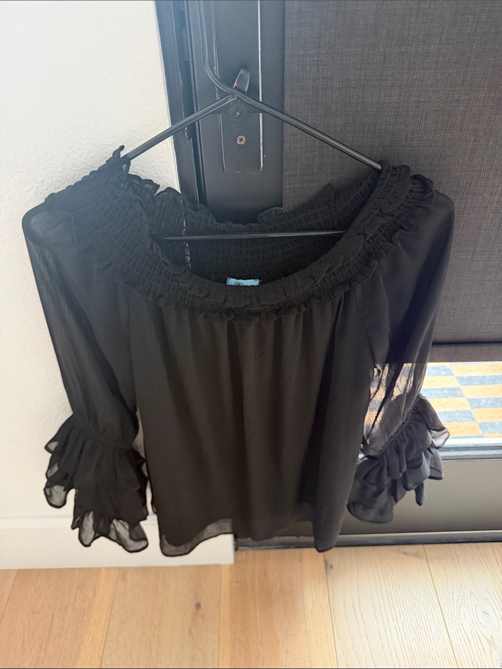 CeCe Black Sheer Ruffle-Smock Neck Blouse Size Medium